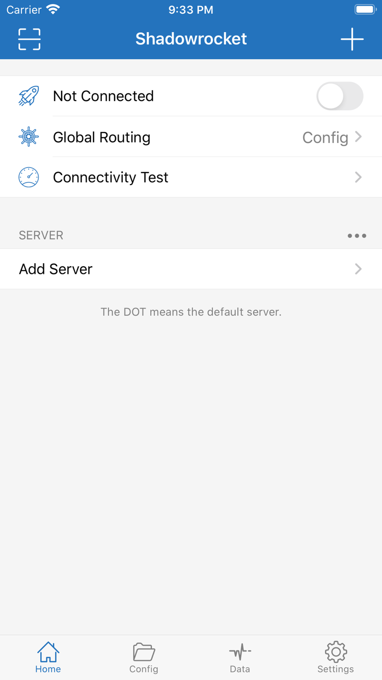 Shadowrocket 공식 Home 화면: 연결 스위치, Global Routing 및 Add Server 표시