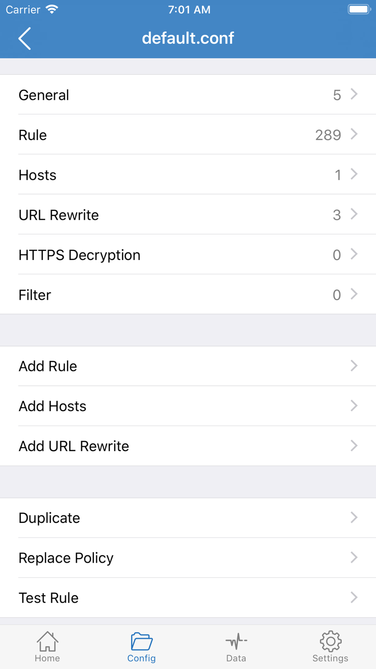 ShadowrocketのConfig公式スクリーンショット。General、Rule、Hosts、URL Rewrite、HTTPS Decryptionの各セクションとAdd Ruleを表示